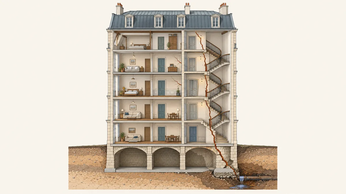 Illustration technique en écorché d'un immeuble ancien de cinq étages : la fondation d'angle tasse dans un sol humide sous la cave, et une fissure remonte en diagonale le long de la cage d'escalier jusqu'aux cloisons des appartements des étages supérieurs