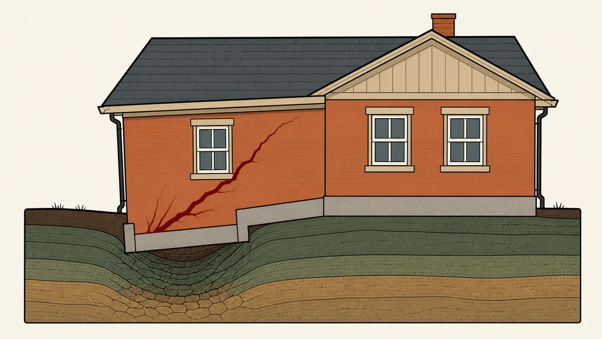 Illustration graphique en coupe : une maison dont un angle s'affaisse sur un sol argileux, avec une fissure qui s'élargit en éventail vers le coin bas, illustrant un tassement différentiel de fondation
