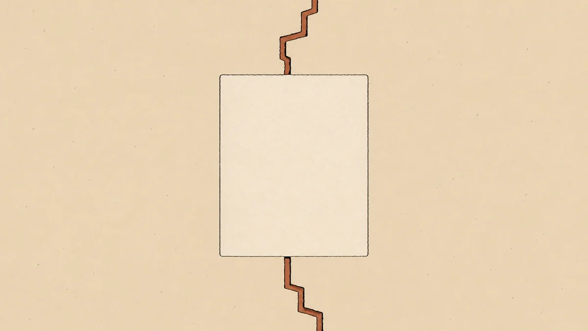 Illustration graphique : un mur dont une zone rectangulaire fraîchement enduite et repeinte masque partiellement une fissure en escalier qui réapparaît nettement au-delà du rebouchage, façon camouflage cosmétique avant visite