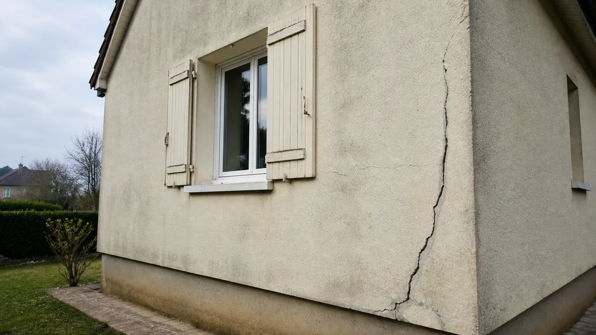 Façade d'un pavillon individuel à vendre présentant une large fissure diagonale qui descend le long de l'angle du mur, sous une fenêtre à volets