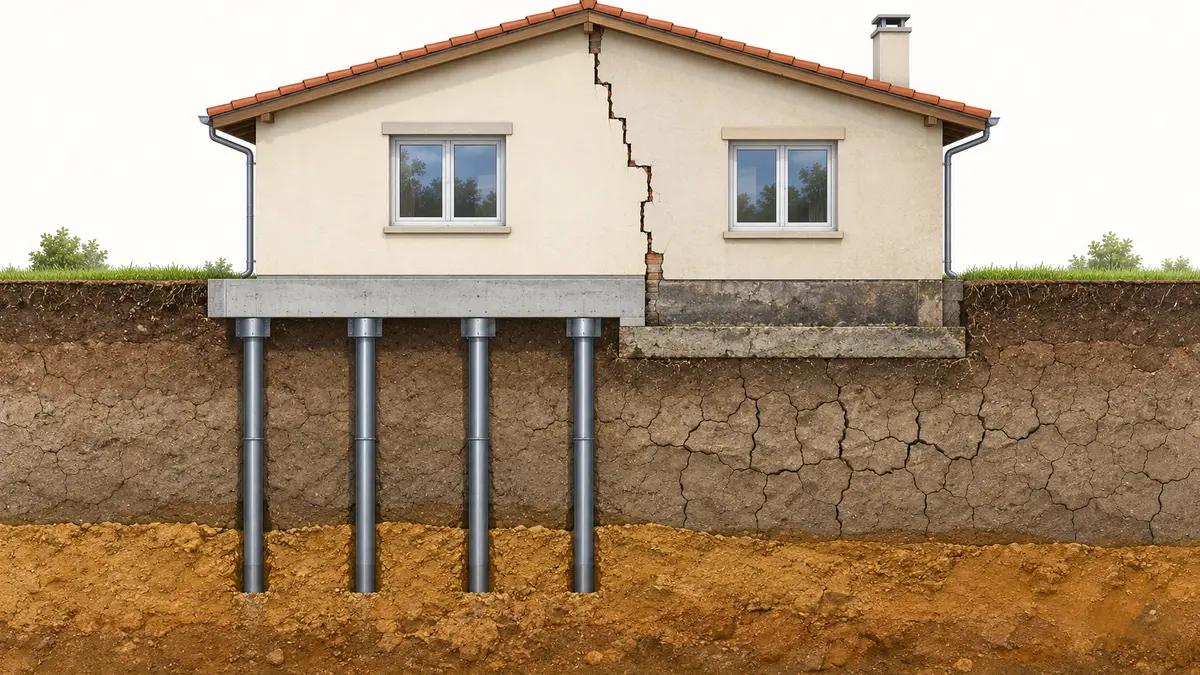 Illustration technique en coupe d'une maison sur sol argileux : sous la moitié gauche, des micropieux descendent jusqu'à une couche de sol stable ; la moitié droite reste sur sa semelle d'origine peu profonde, au-dessus d'une argile fissurée par la sécheresse ; une fissure part de la jonction entre les deux parties.