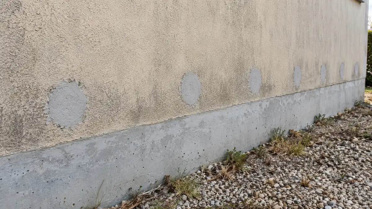 Pied d'un mur de garage enduit, avec une rangée de rebouchages circulaires en mortier plus clair, espacés régulièrement, au-dessus d'une bande de béton neuf qui affleure le sol.