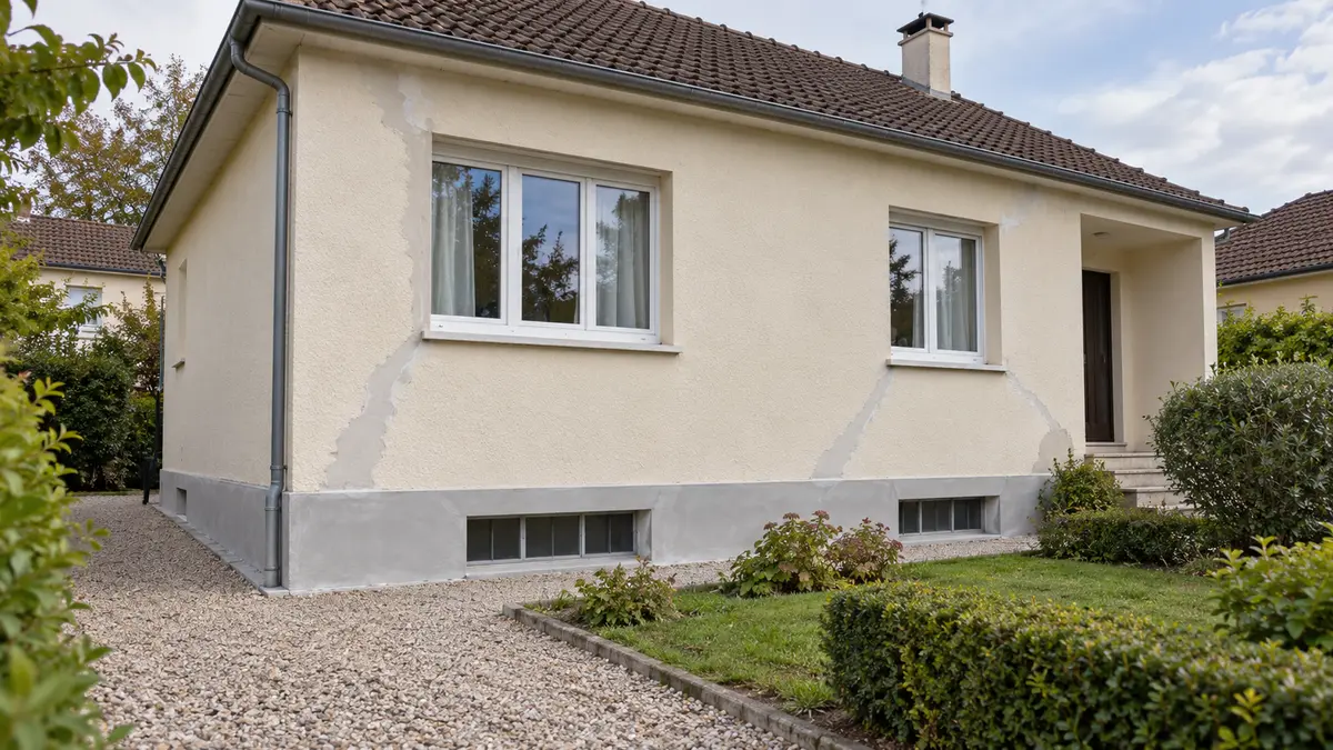 Pavillon aux anciennes fissures rebouchées en façade et bande de béton neuf au pied du mur après une reprise en sous-œuvre