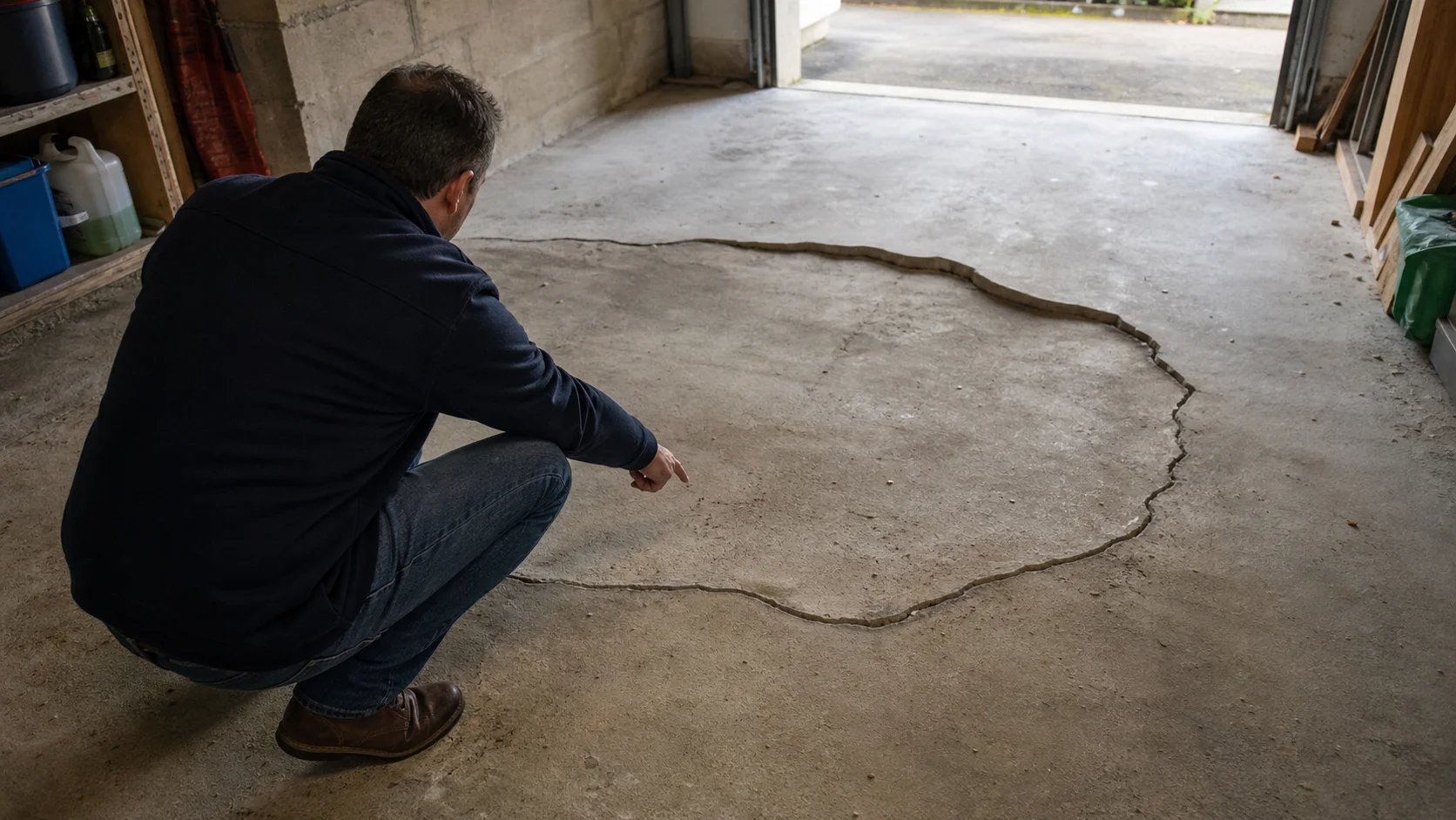 Un expert bâtiment examine une fissure sur une dalle de garage affaissée