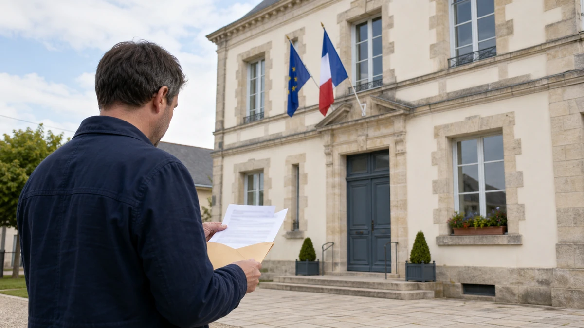 Un habitant consulte un courrier administratif devant la façade d'une mairie française ornée des drapeaux français et européen.