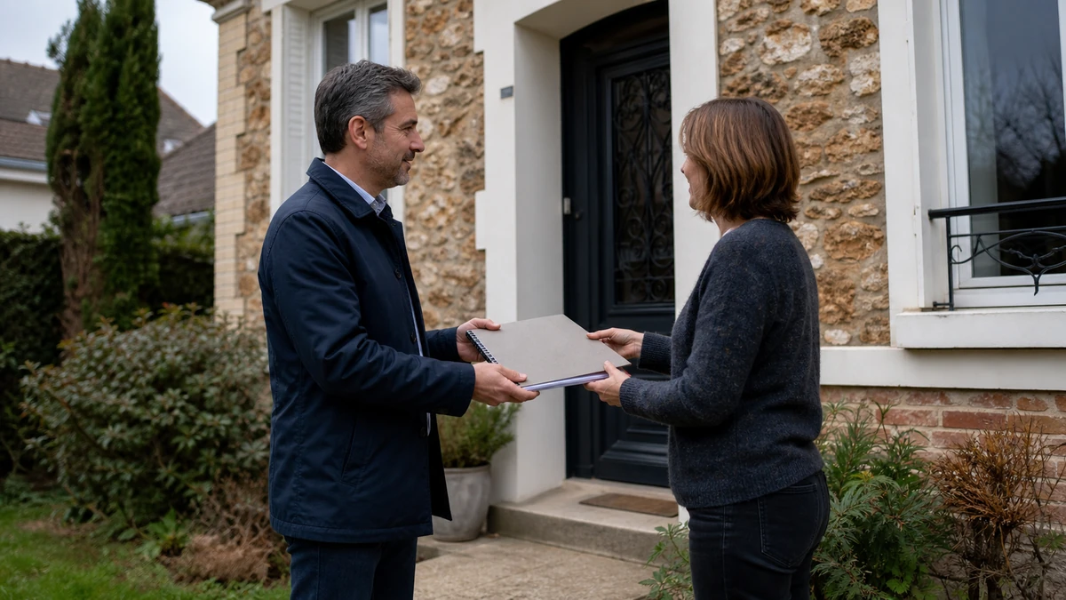 Devant l'entrée d'une maison pavillonnaire francilienne en meulière et enduit, un expert bâtiment remet un rapport relié à une propriétaire.