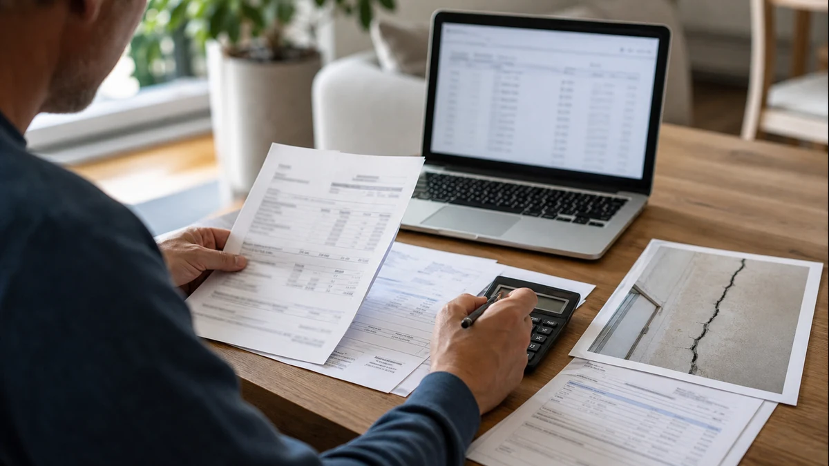 Un propriétaire examine méthodiquement des documents d'indemnisation avec une calculatrice et un ordinateur, tandis qu'une photo de fissure repose sur la table