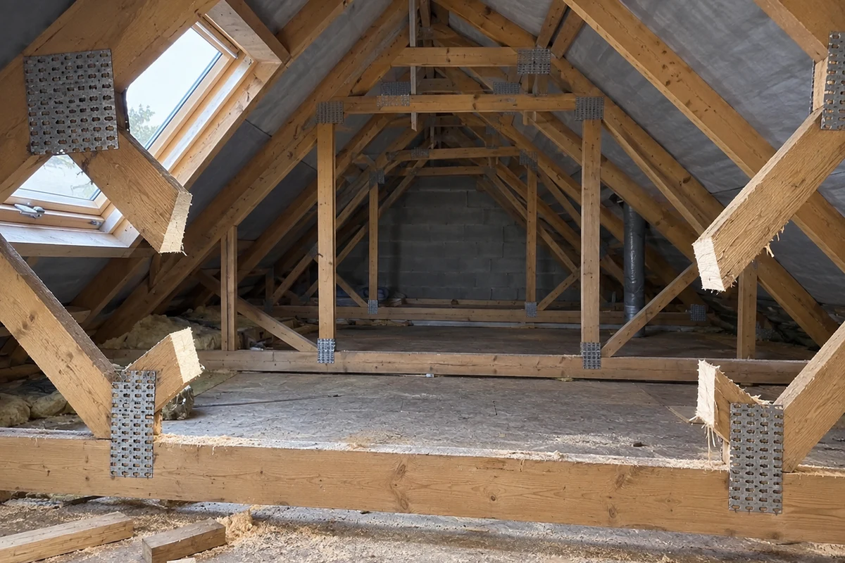 Combles d'un pavillon où les diagonales de plusieurs fermettes industrielles ont été sciées pour dégager le volume, extrémités de bois coupées visibles, aucune personne dans le cadre