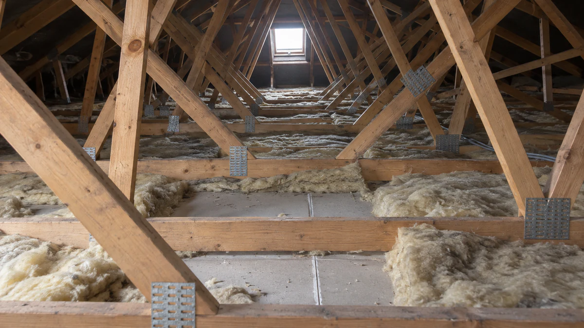 Combles non aménagés d'un pavillon francilien traversés par des fermettes industrielles en W, plancher de plaques de plâtre et isolant déroulé entre les entraits, lumière de lucarne, aucune personne dans le cadre