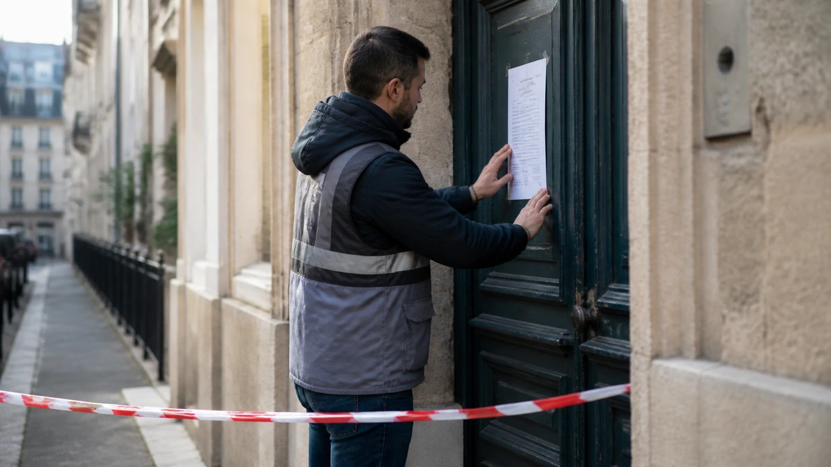 Agent municipal apposant un arrêté de mise en sécurité sur la porte d'entrée d'un immeuble, ruban de signalisation tendu devant l'accès