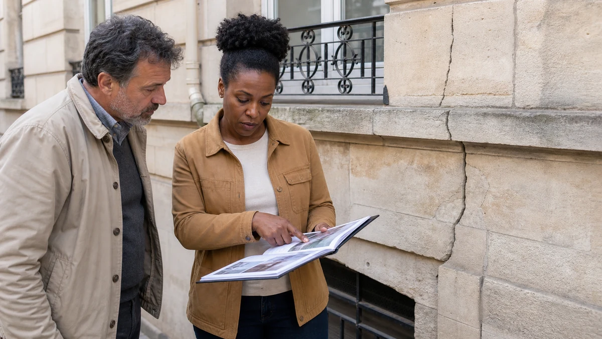 Expert en bâtiment indépendant montrant un rapport technique à un propriétaire devant la façade fissurée de son immeuble
