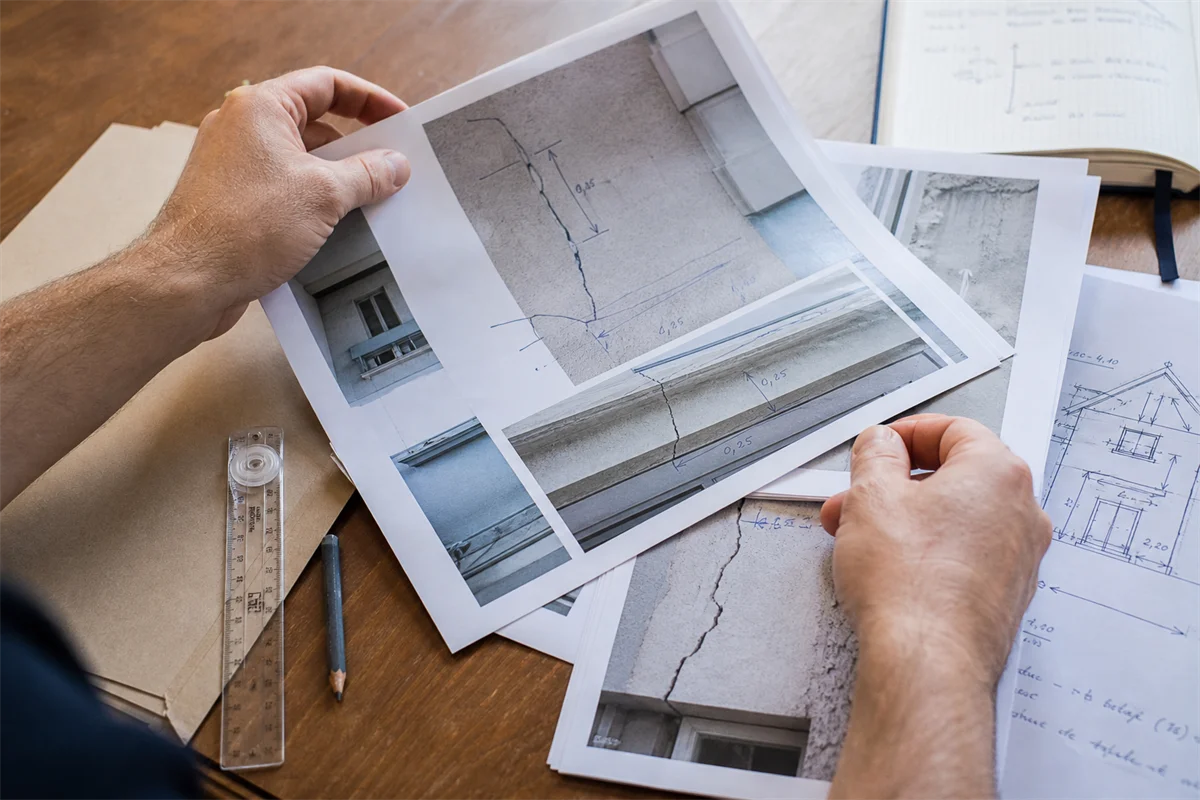 Mains assemblant un rapport d'expertise avec photographies annotées et croquis de mesure d'une fissure