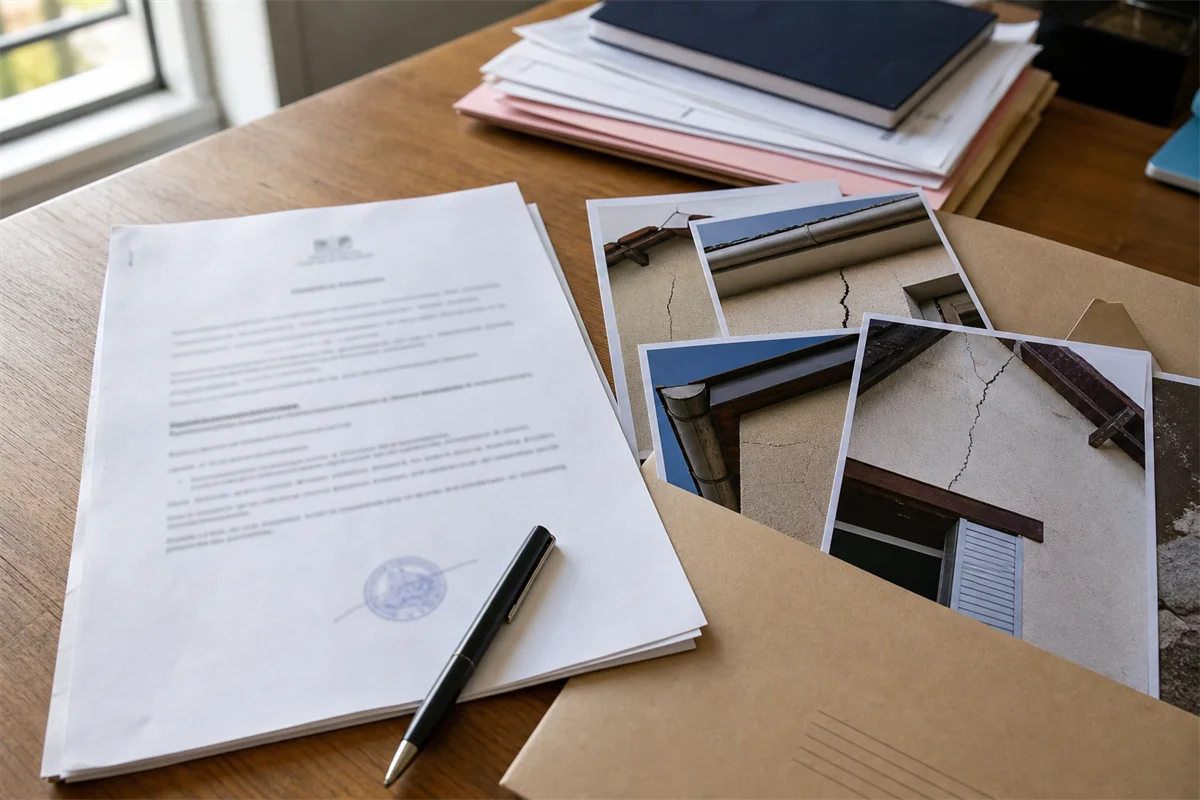 Ordonnance de référé et dossier de photographies de fissures posés sur un bureau, prêts pour une procédure judiciaire