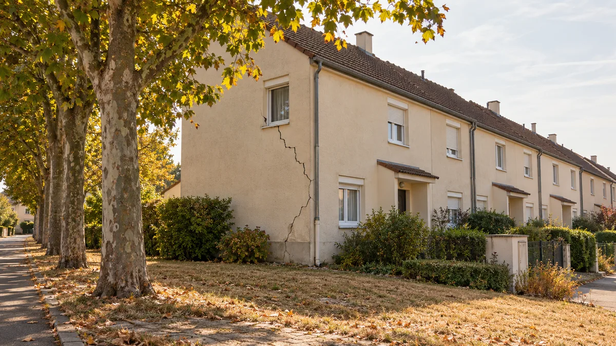 Rangée de pavillons mitoyens identiques des années 1980 en fin d'été, une longue fissure oblique sur le pignon de la maison en bout de rangée, près d'un alignement d'arbres
