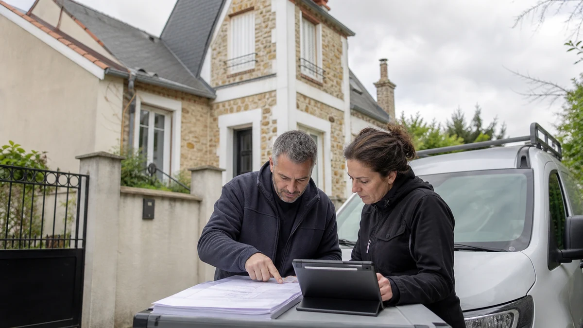 Deux experts en bâtiment consultent ensemble un dossier et une tablette devant un pavillon francilien, près de leur véhicule utilitaire.
