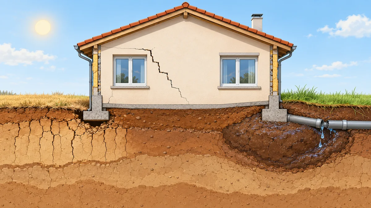 Illustration en coupe d'un pavillon sur sol argileux : sous la façade de gauche, la terre sèche s'est rétractée et fendue ; au pied du mur de droite, une évacuation déboîtée laisse filer de l'eau qui forme une poche d'argile gonflée, plus sombre, autour de la casse