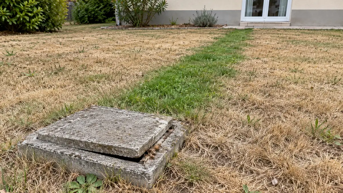 Regard de visite carré en béton dans une pelouse jaunie par la sécheresse : le tampon a basculé et la rehausse s'est décollée du corps du regard, tandis qu'une bande d'herbe plus verte part en ligne droite vers la façade du pavillon