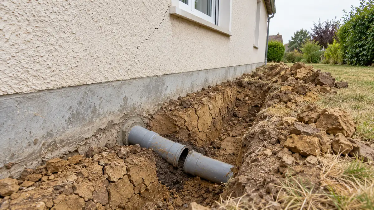 Tranchée ouverte le long de la façade d'un pavillon : dans l'argile sèche et craquelée, un tuyau d'évacuation gris sort du mur de soubassement et s'est déboîté à son premier raccord