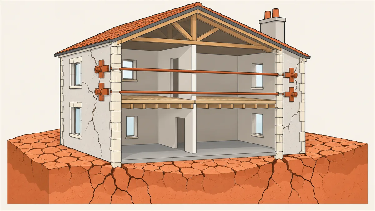 Illustration en coupe perspective d'un pavillon ancien traversé par deux tirants d'acier au niveau du plancher, reliés à des clés en croix sur chaque façade, au-dessus d'un sol argileux fissuré par la sécheresse