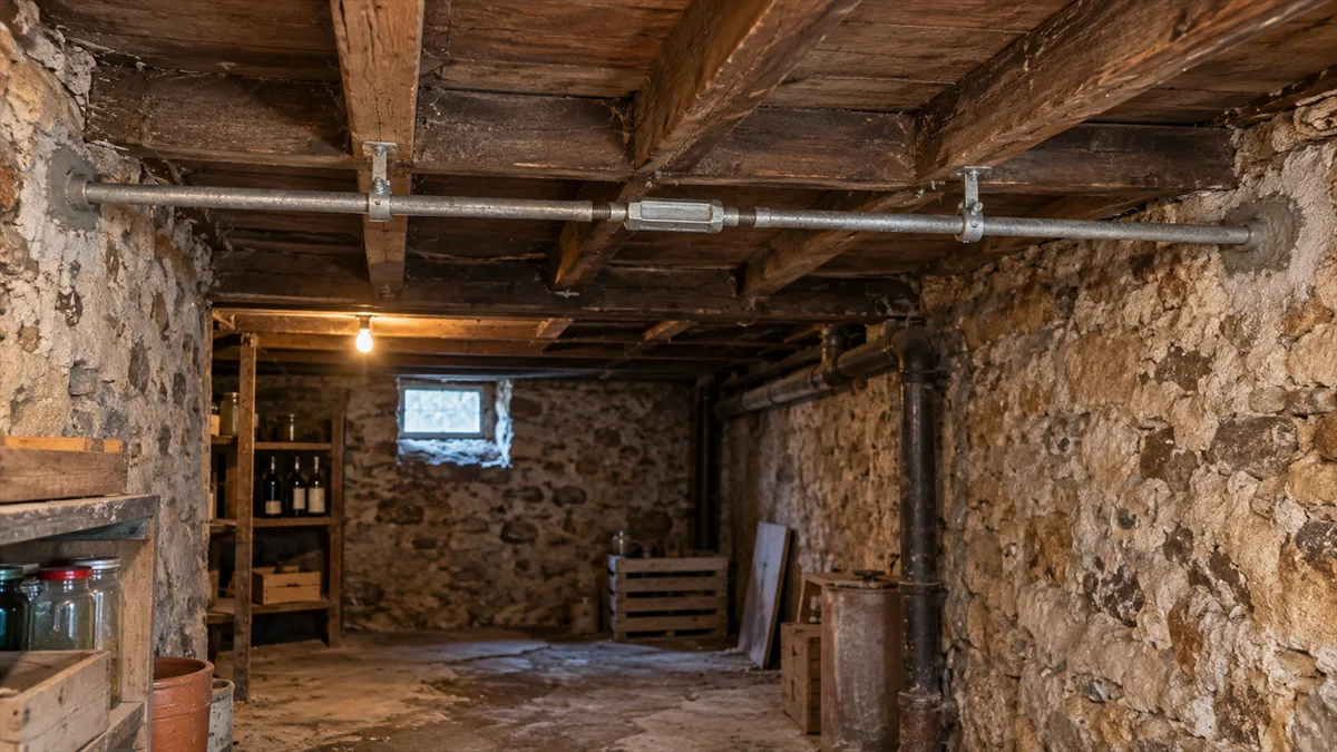 Tirant métallique galvanisé avec son manchon tendeur fileté, fixé sous les solives du plafond d'une cave en pierre meulière, traversant la pièce d'un mur à l'autre
