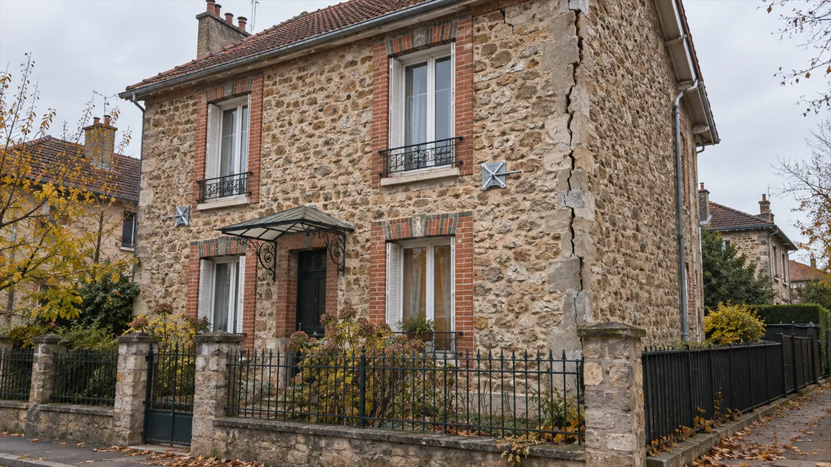 Pavillon en pierre meulière dont l'angle est ouvert par une fissure verticale, avec deux clés d'ancrage en acier neuves posées sur la façade au niveau de l'étage