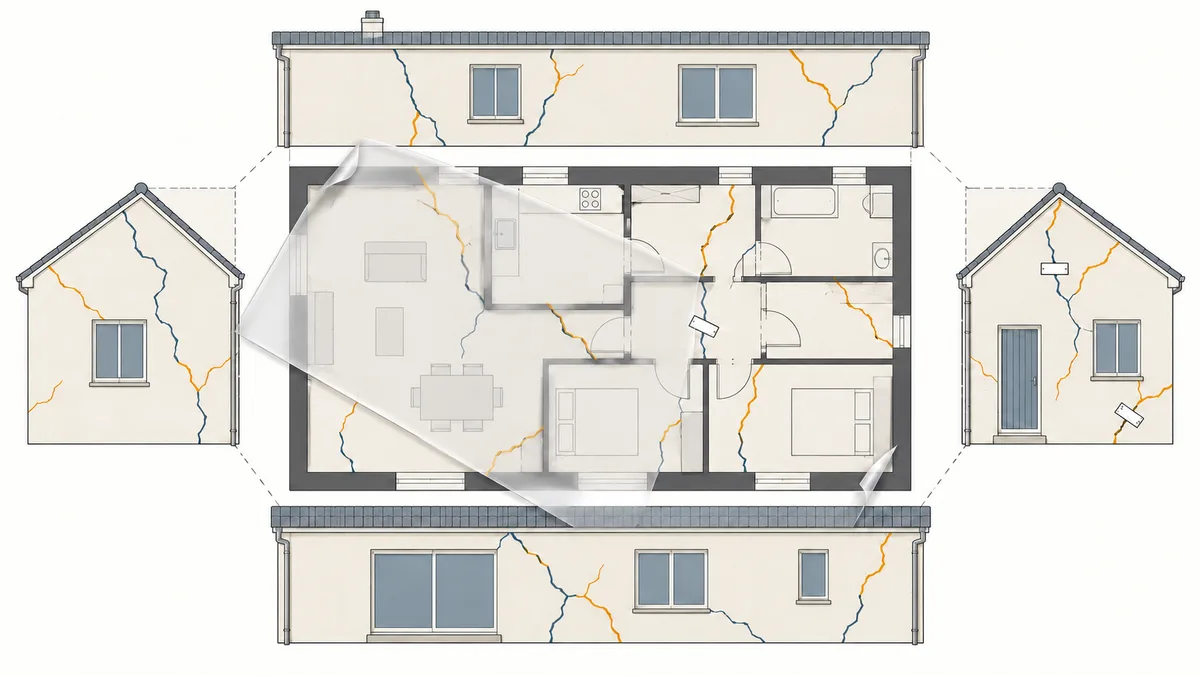Illustration technique d'un plan de pavillon vu de dessus, avec les façades rabattues autour. Les fissures sont tracées en deux couleurs, celles du premier relevé et celles du nouveau, avec des repères aux emplacements des témoins en plâtre.
