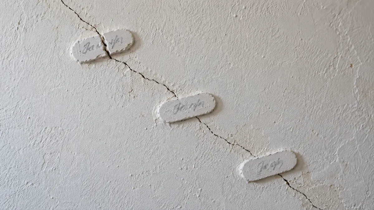 Photographie en gros plan d'un mur intérieur fissuré sur lequel trois témoins en plâtre sont posés en travers de la fissure. Chacun porte une date écrite au crayon, et le plus ancien s'est rompu en deux.