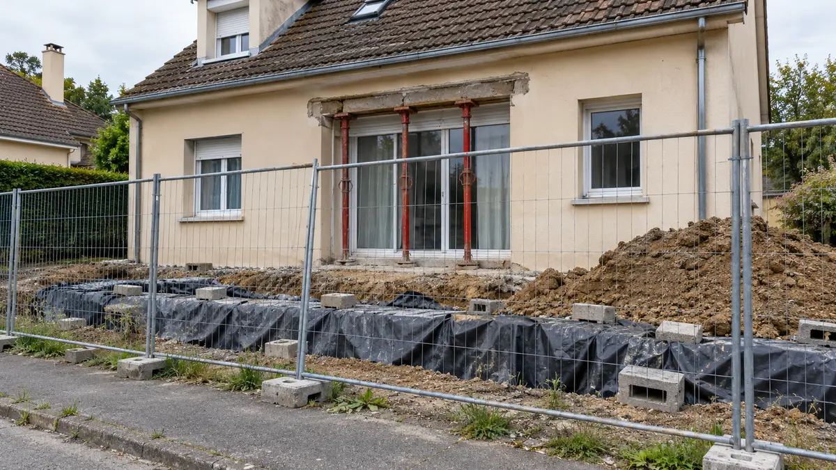 Photographie d'un pavillon de banlieue en chantier interrompu, entouré de barrières de chantier grillagées, avec des étais métalliques sous une ouverture de façade, une bâche plastique sur une tranchée et un tas de terre au pied du mur.