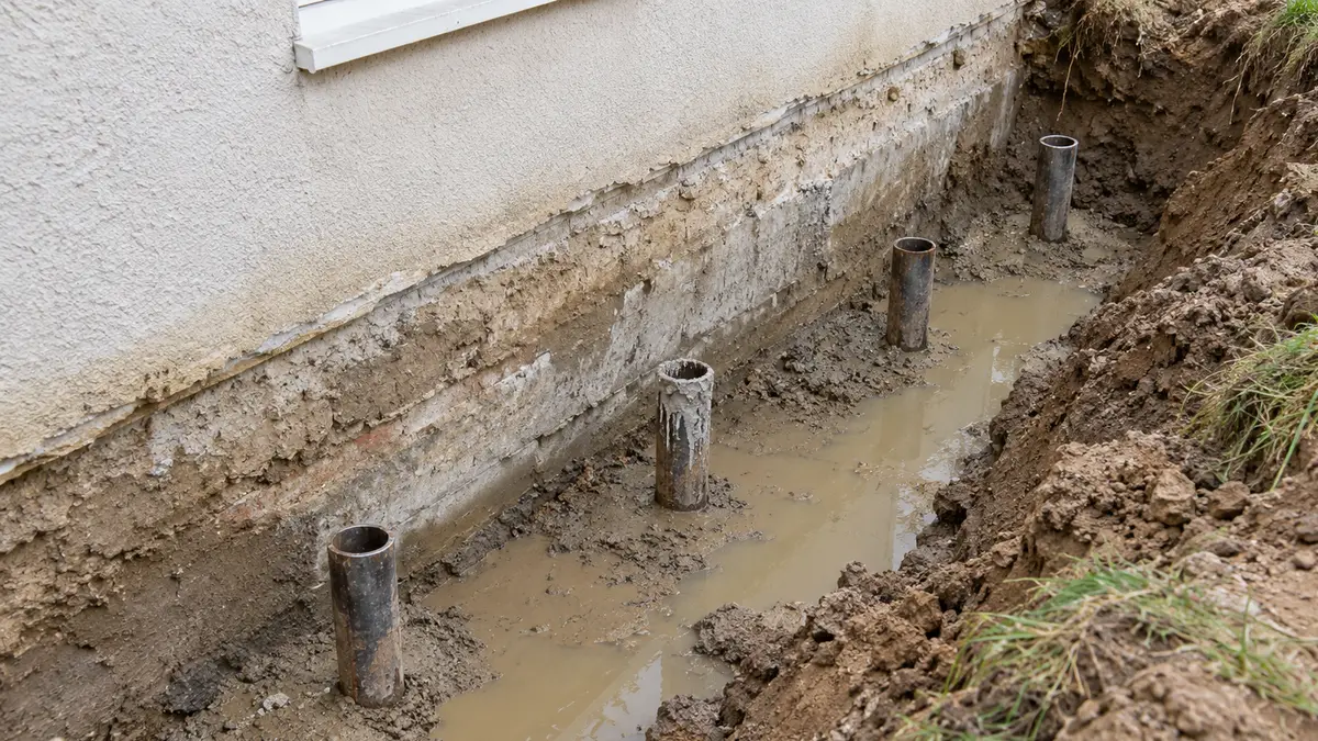 Photographie d'une tranchée ouverte le long de la fondation d'un pavillon enduit : la semelle en béton est apparente, plusieurs têtes de micropieux en acier dépassent du fond boueux, de l'eau stagne au pied du mur et des herbes commencent à pousser sur le déblai.