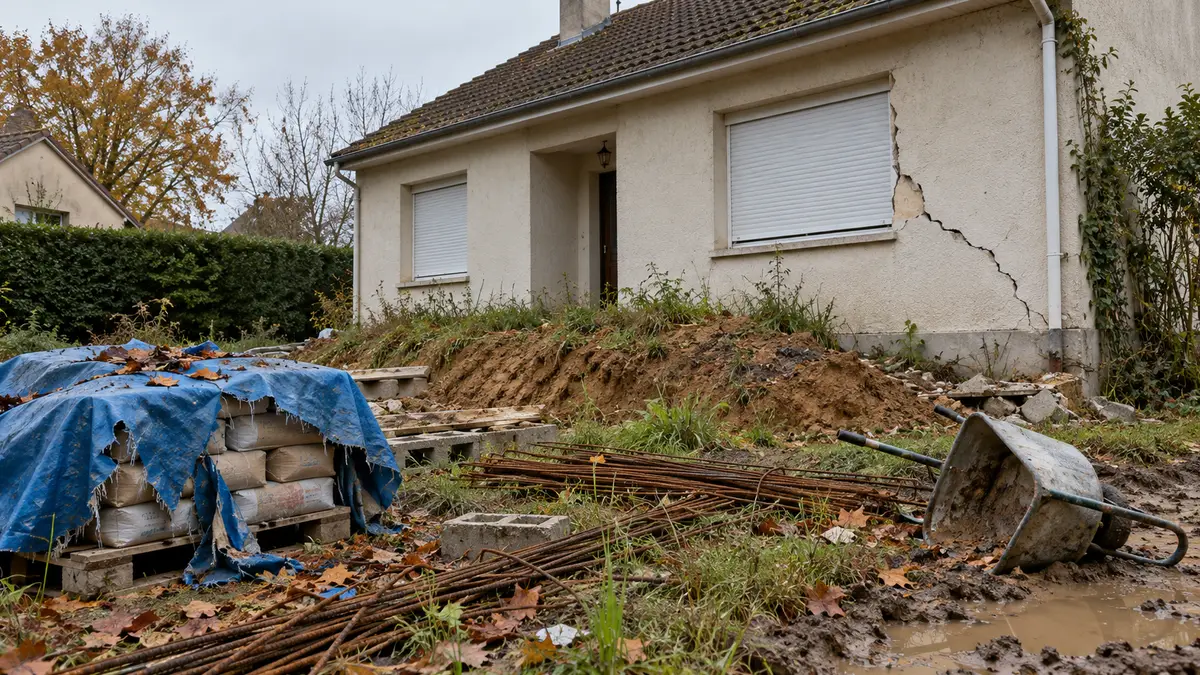 Chantier abandonné devant un pavillon fissuré : sacs de ciment sous une bâche déchirée, armatures rouillées dans l'herbe, brouette renversée et terre déblayée le long de la façade