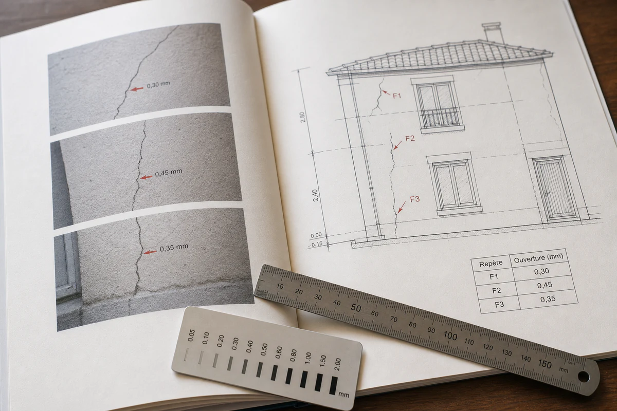 Rapport d'expertise fissure ouvert sur une table, pages avec photos annotées, mesures au réglet et plan de repérage visibles, attestation d'assurance glissée sous la couverture