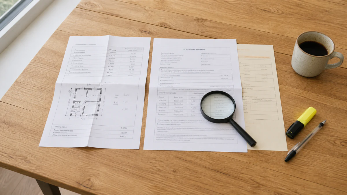 Table basse avec un rapport d'expertise fissure ouvert aux pages de photos annotées et mesures, une attestation d'assurance professionnelle glissée à côté, un devis vierge et un stylo posé dessus