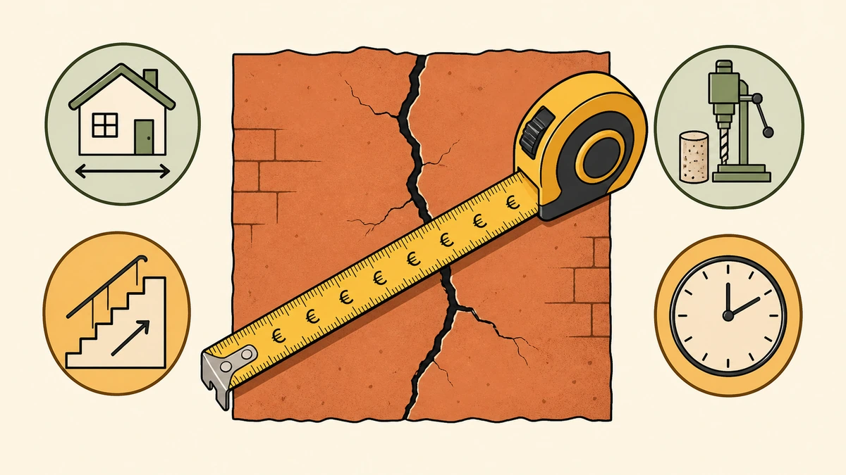Illustration graphique façon infographie : une fissure de mur traversée d'un ruban tarifaire gradué en euros, entourée de petits pictogrammes de facteurs de prix (surface, accès, sondage)
