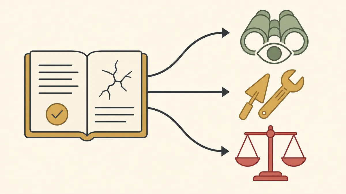 Illustration graphique montrant un rapport d'expertise ouvert d'où partent trois flèches vers trois issues : surveiller, réparer, engager un recours