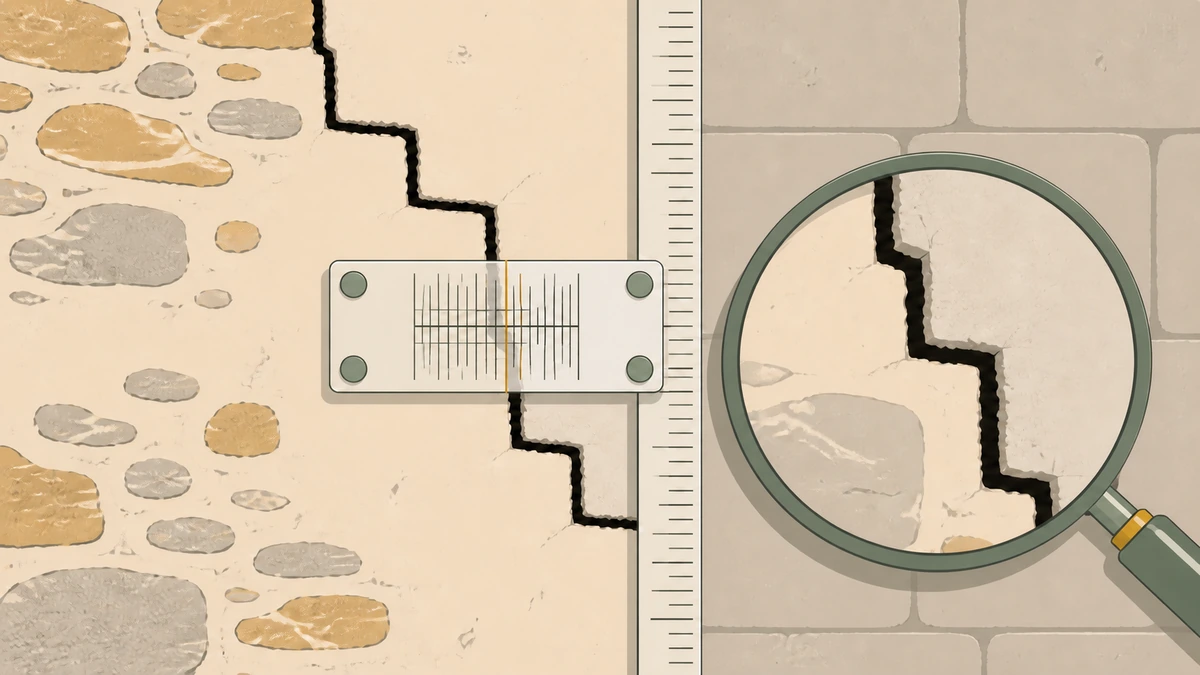 Illustration graphique d'une visite d'expertise : une fissure en escalier sur un mur, un fissuromètre à plaques et une règle graduée figurant les mesures relevées, sans personnage
