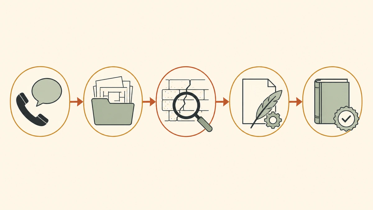 Illustration graphique façon frise : les cinq étapes d'une expertise fissure alignées de gauche à droite (prise de contact, préparation, visite, analyse, remise du rapport), reliées par une ligne de progression