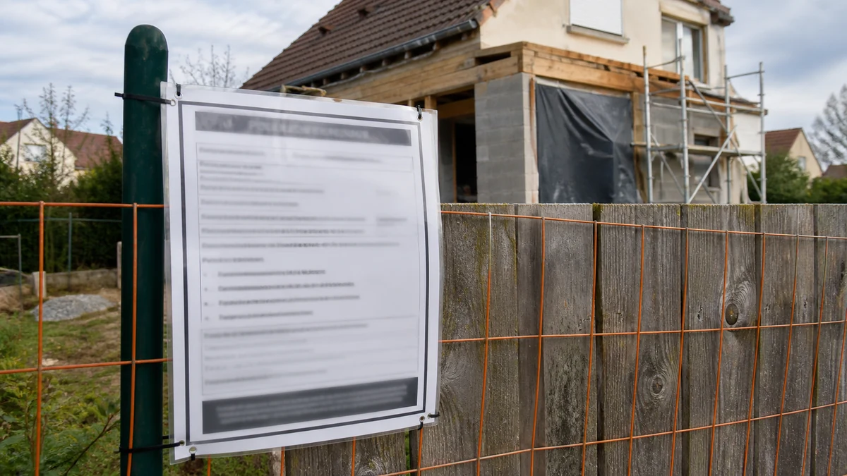 Panneau réglementaire de permis de construire affiché sur une clôture de chantier devant une maison individuelle en travaux, aucune personne dans le cadre