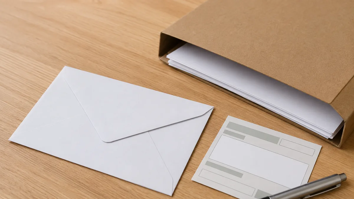 Enveloppe fermée, formulaire de suivi postal et dossier cartonné posés sur une table de bureau, aucune personne dans le cadre