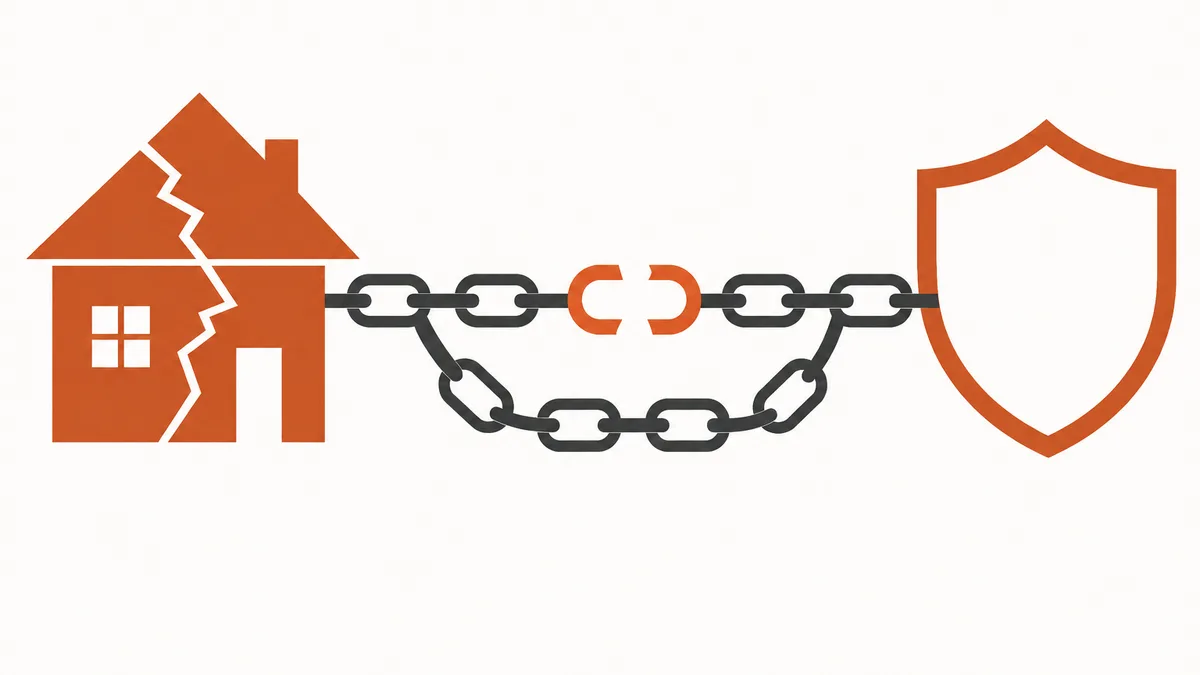Illustration graphique d'une chaîne reliant une maison fissurée à un bouclier d'assurance, avec un maillon rompu contourné par un second trajet