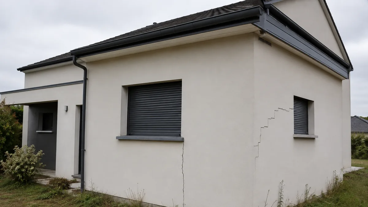 Façade d'une maison individuelle récente avec une fissure verticale partant d'un angle de fenêtre, aucune personne dans le cadre