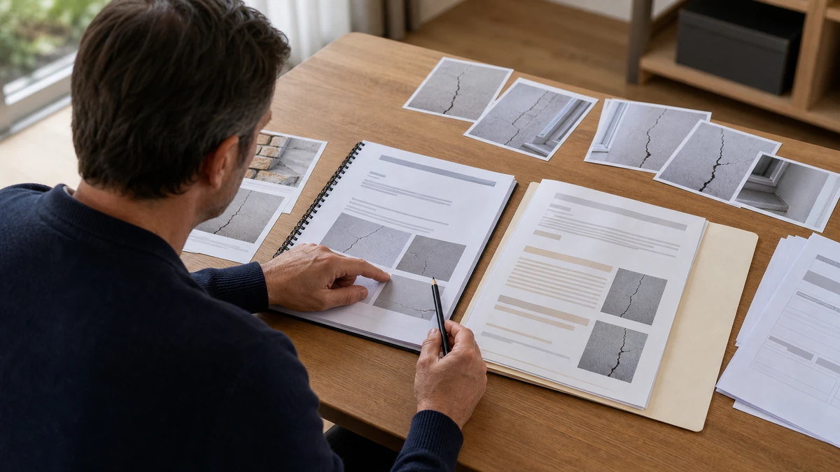 Un expert indépendant compare son rapport de contre-expertise aux conclusions de l'assurance, rapports et photos de fissures étalés sur la table