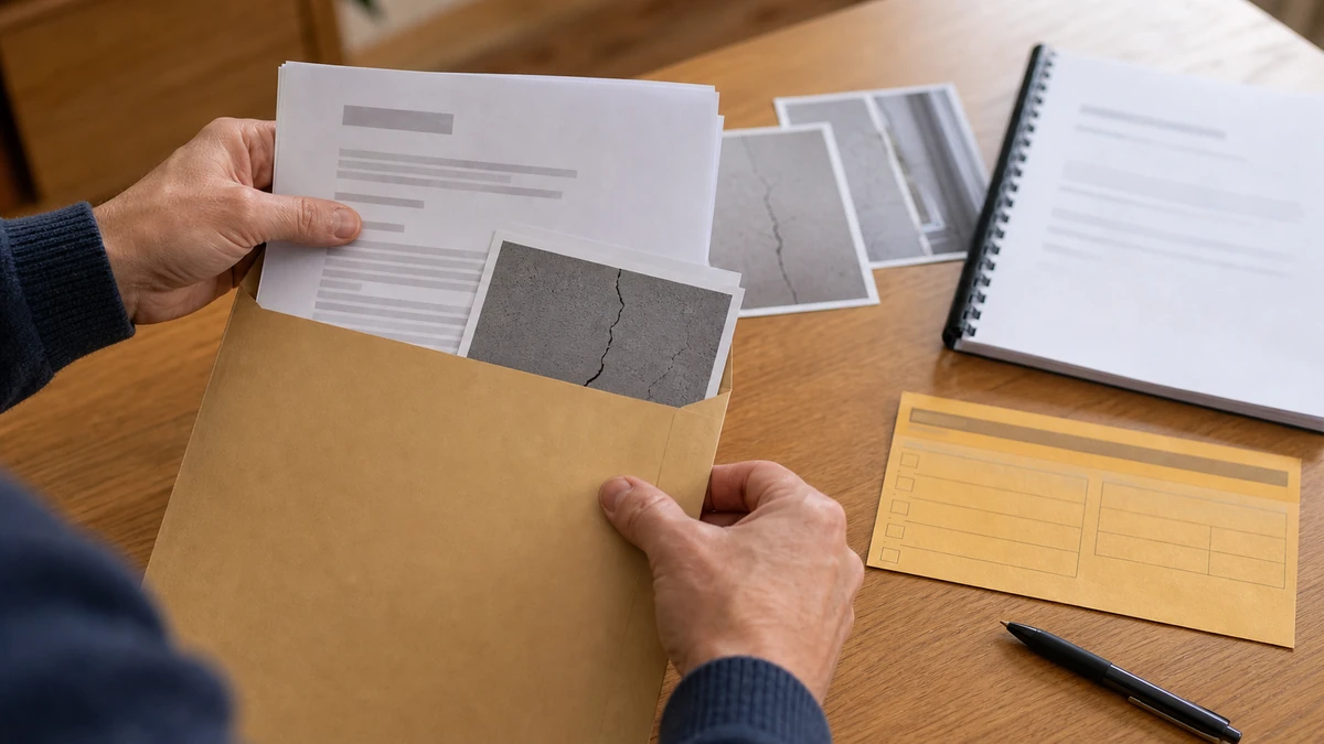 Une personne prépare une lettre de réclamation recommandée avec photos de fissures et rapport d'expertise en pièces jointes