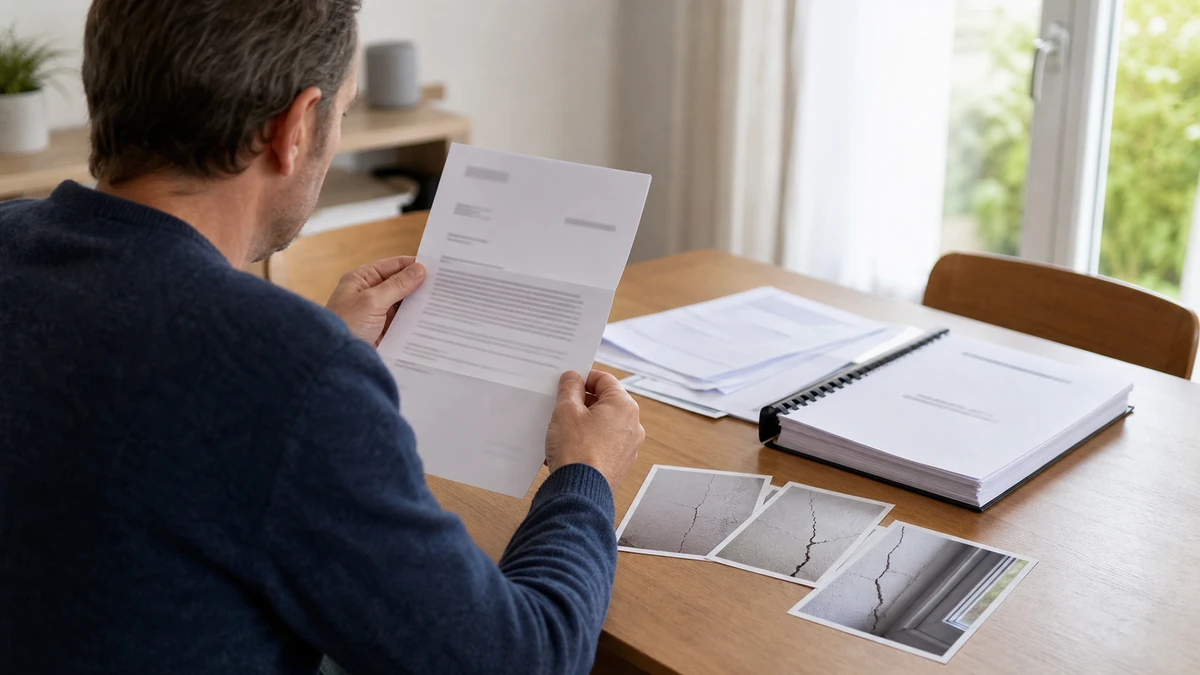 Un propriétaire relit un courrier de refus d'indemnisation à côté d'un rapport d'expertise fissure et de photos du sinistre