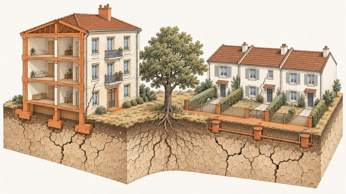 Illustration en vue isométrique : à gauche un petit immeuble en copropriété ouvert en écorché, dont les fondations, les murs porteurs, les planchers et la toiture sont surlignés en ocre, à droite trois pavillons mitoyens dont seules l'allée, la clôture et le réseau enterré sont en ocre, le tout posé sur une argile desséchée parcourue de fentes de retrait et de racines de chêne