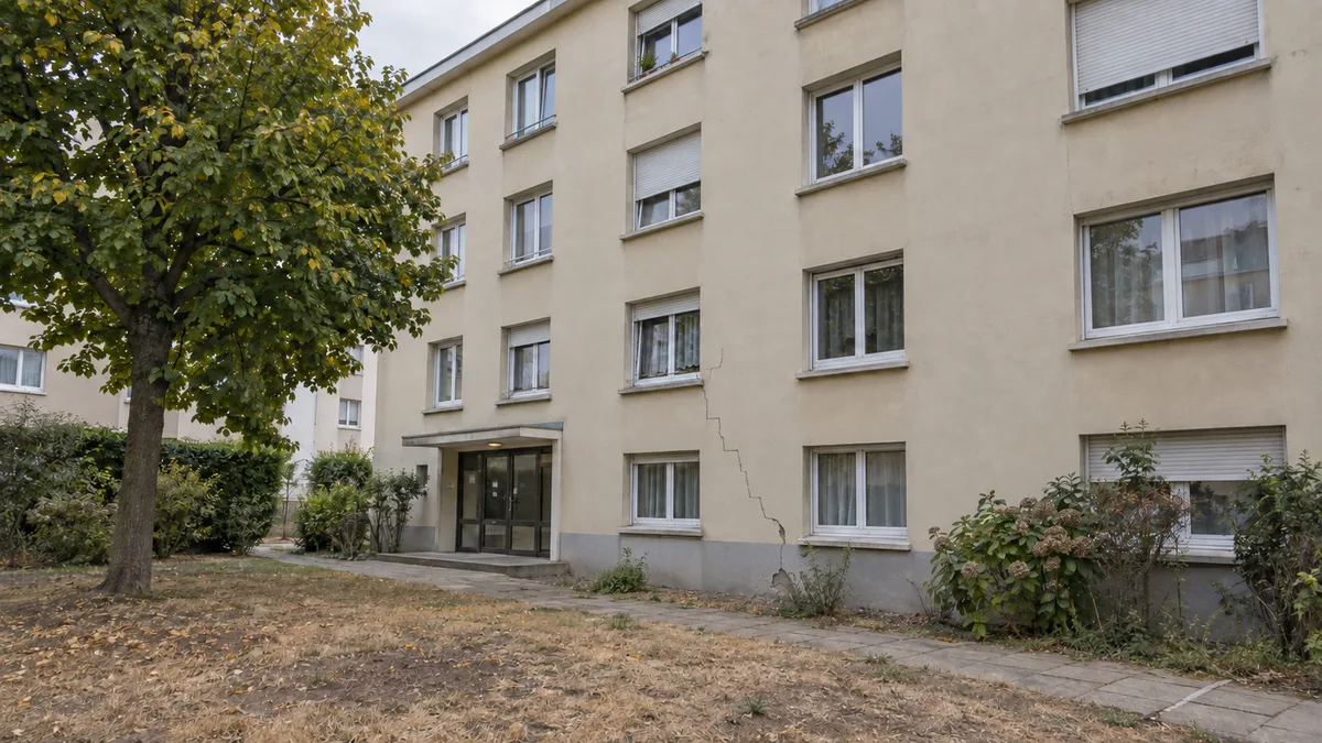 Façade enduite d'une petite résidence francilienne des années 1960 vue depuis la cour, avec une fissure en escalier qui descend d'une fenêtre du premier étage jusqu'au soubassement et une pelouse jaunie par la sécheresse au premier plan