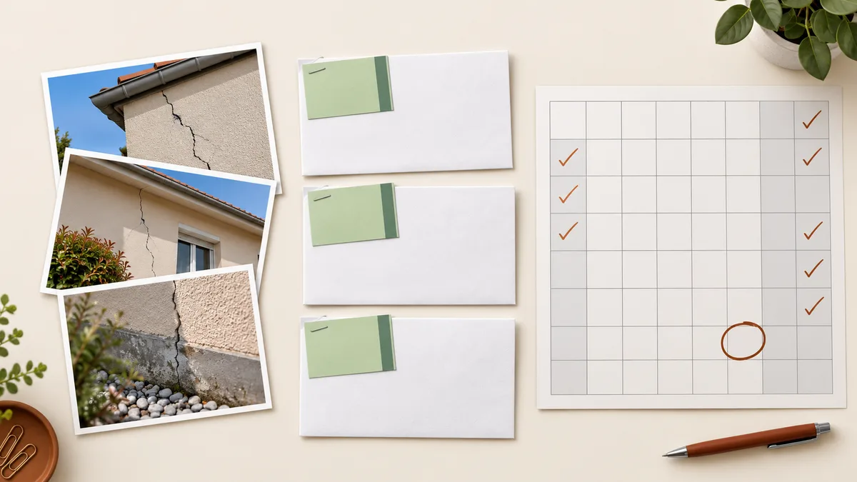 Illustration technique d'un dossier de sinistre ouvert sur une table : photographies d'une façade fissurée, lettres agrafées à leurs avis de réception verts et un calendrier où des jours sont cochés.