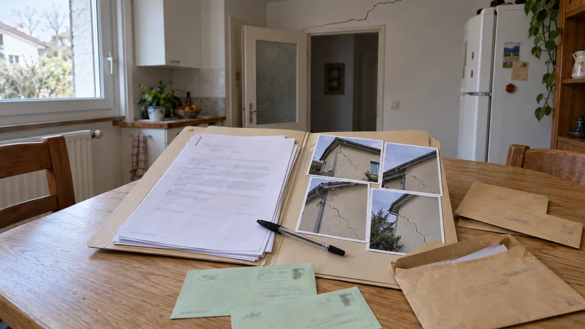 Sur une table de cuisine, un dossier de sinistre ouvert avec des lettres agrafées, des avis de réception et des photos d'une façade de pavillon fissurée