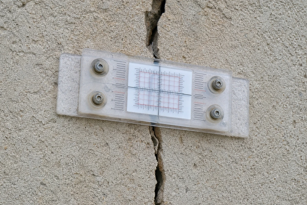 Fissuromètre à plaques posé sur une fissure de façade extérieure pour suivre son évolution saisonnière
