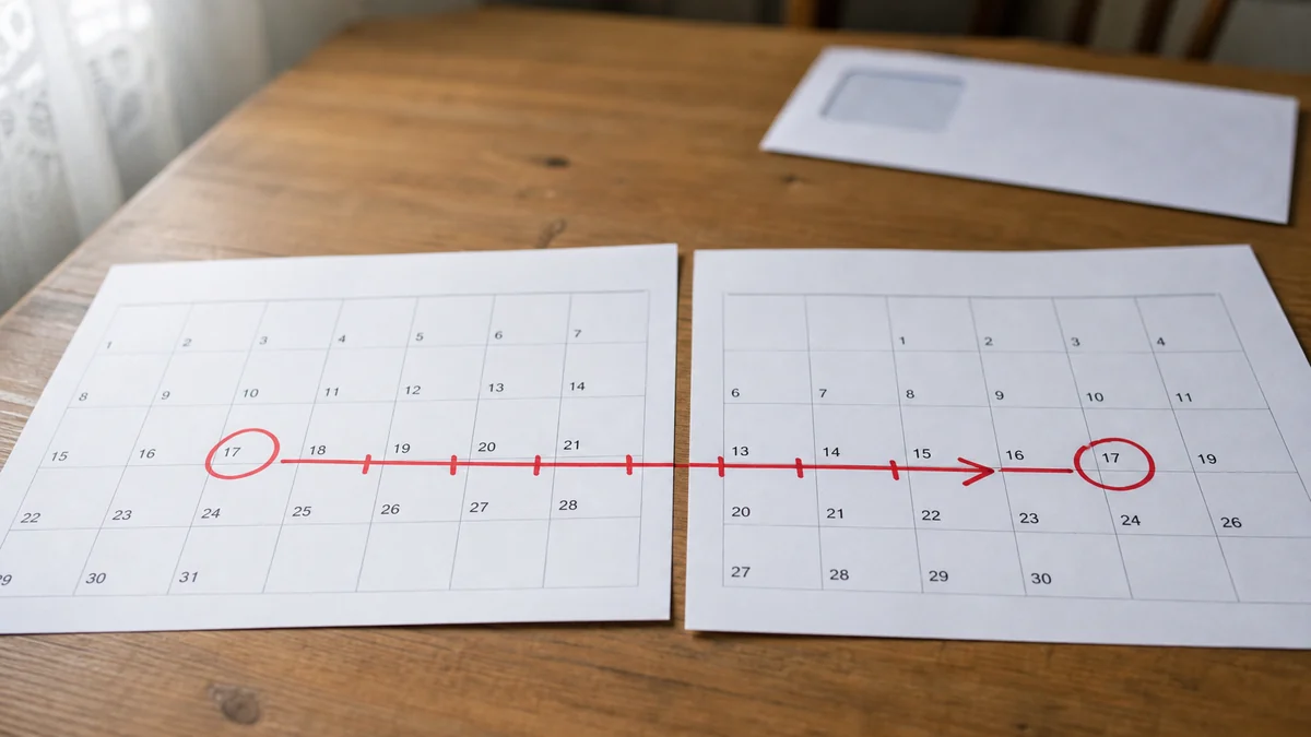 Calendrier avec une date entourée en rouge trente jours après la publication d'un arrêté, illustrant le point de départ du délai de déclaration