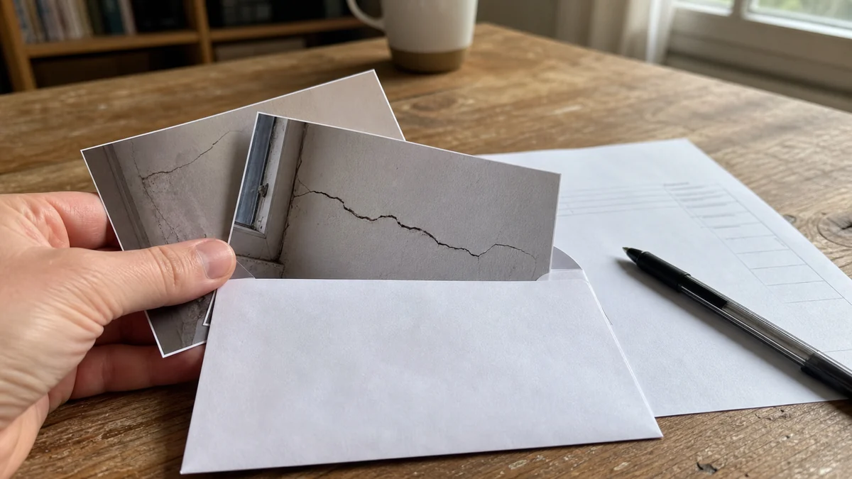 Main glissant des photos de fissure dans une enveloppe de lettre recommandée à côté d'un formulaire de déclaration de sinistre, illustrant la déclaration d'une fissure à l'assurance